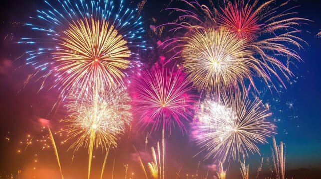 Multiple fireworks bursting across the night sky, leaving ample copy space below.