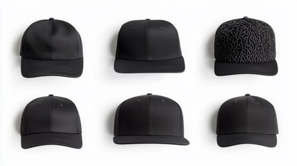 Six black baseball caps on a white background, with two blank, two plain, and two patterned caps.