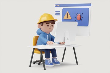 Poster - A 3D cartoon character is working on a computer with a bug alert on the screen.
