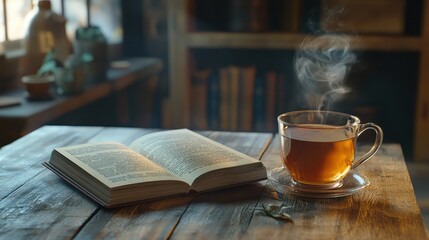 A blank card next to a steaming cup of tea and an open book on a rustic wooden table, providing a cozy and inviting setting for personal or literary messages.