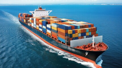 A large cargo ship loaded with colorful shipping containers sails through the ocean, illustrating global trade and transport logistics.