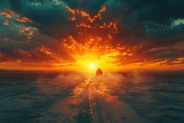 Silhouette of a Vehicle Driving into a Fiery Sunset Over a Desolate Landscape