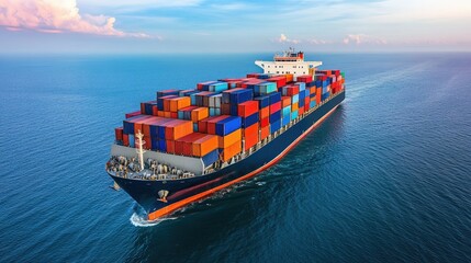 A large cargo ship loaded with colorful containers sailing across a calm ocean under a clear sky.