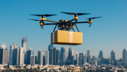 A drone carrying a yellow cargo box flies over a modern city skyline, showcasing the innovative technology of aerial delivery services in urban environments.