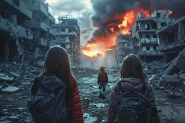 A haunting scene depicting two children facing destruction and chaos, as a fiery explosion illuminates a war-torn landscape.