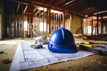 Construction helmet on a blueprint in a house construction site