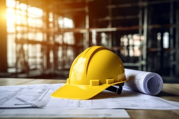 Construction helmet on a blueprint in a house construction site