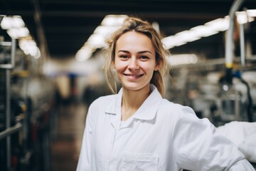 Wall Mural - Smiling portrait of a young woman working in factory