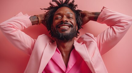 Cheerful Successful Man Celebrating Victory with Funny Dance Moves on Pink Background - Full Length Banner