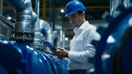 Poster - Industrial engineer using digital tablet, managing heavy industry manufacturing process in modern factory