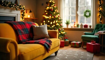 Wall Mural - simple living room decorated with christmas decor, yellow sofa, christmas tree, lights, fireplace