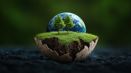 cracked globe with vibrant green grass and two trees symbolizes environmental sustainability and bea