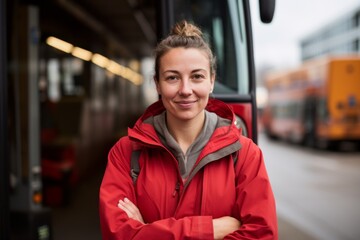 Wall Mural - Portrait of a middle aged African American female bus driver during winter