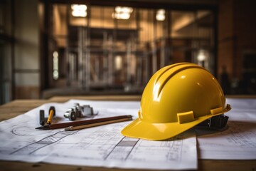 Construction helmet on a blueprint in a house construction site