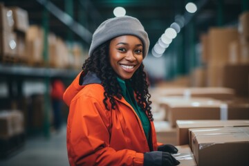 Wall Mural - Smiling portrait of a young woman working in factory