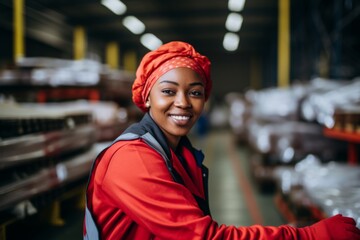 Wall Mural - Smiling portrait of a young woman working in factory