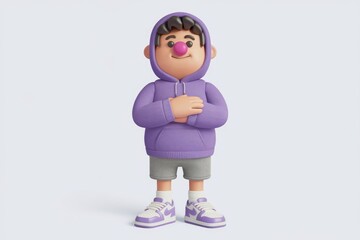 Poster - A cartoon character with a pink nose  wearing a purple hoodie  grey shorts and sneakers.