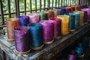 Wall Mural - Colorful Glass Candle Holders on Wooden Shelf