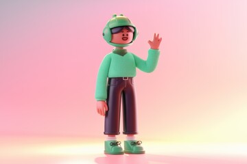 Poster - A 3D cartoon character wearing a green helmet and sunglasses  waving with a friendly smile.