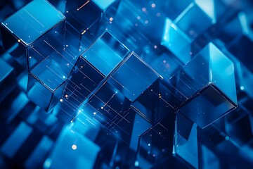Poster - Abstract blue geometric blocks glowing in digital space