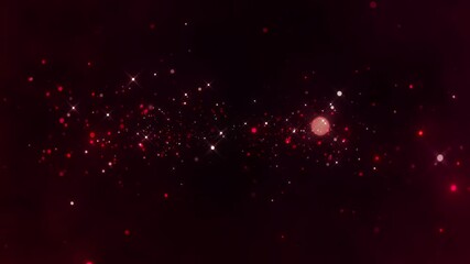 Wall Mural - Vibrant cosmic backdrop, swirling crimson and dark space filled with shimmering stars, abstract celestial particles, dynamic glittering bokeh, seamless loop, festive holiday atmosphere, Copy space.