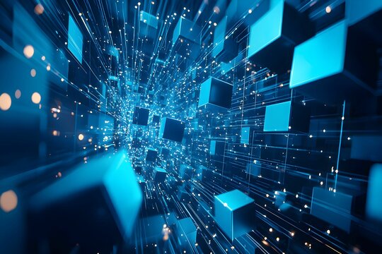 Dynamic blue digital cubes radiating in a futuristic space environment