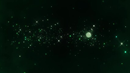 Wall Mural - Abstract shimmering particles in deep green background, sparkling bokeh effect creating festive atmosphere, glowing lights transition, seamless loop, vibrant holiday celebration ambiance. Copy space.