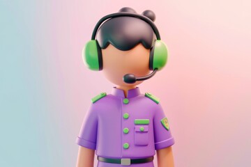 Poster - A 3D cartoon character wearing a headset and purple uniform.