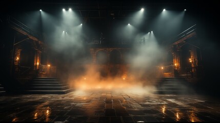 Wall Mural - Dark stage with brown spotlights and mist, ideal for dramatic product presentations.