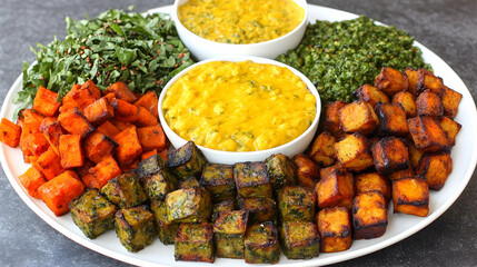 A platter of roasted sweet potatoes, tofu, and two dips, one green and one yellow.