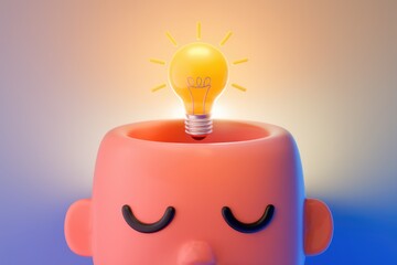 Leinwandbilder - A glowing light bulb emerges from the head of a cartoon person  representing an idea or inspiration.