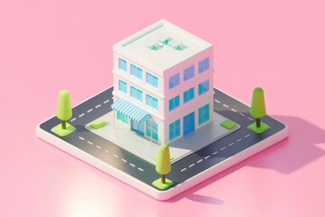 Poster - 3D isometric rendering of small white building with blue windows