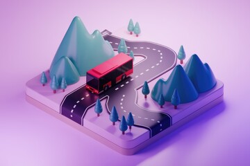 Aufkleber - A red bus travels on a winding road through a 3D landscape.