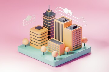Poster - A miniature city skyline with colorful buildings and trees.