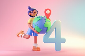 Poster - A 3D cartoon character holding a globe with a location pin and a 4 beside her.