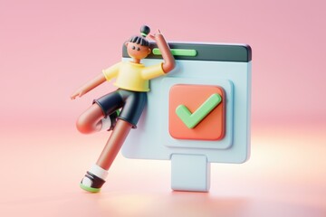 Poster - 3D cartoon character next to green checkmark symbolizing success.