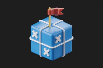 Poster - A blue cube wrapped in white string with a red flag on top.