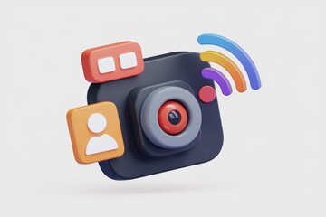 Poster - 3D illustration of a camera with social media icons and wifi signal.