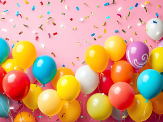 colorful balloons and confetti create a festive atmosphere for a celebration on a bright pink backgr