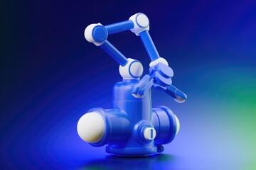 Poster - A blue robotic arm with white joints on a blue and green gradient background.