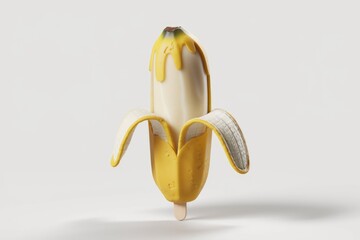 Poster - A banana popsicle with melted yellow topping on a white background.