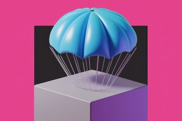 Poster - A blue parachute with white strings resting on a gray cube against a pink background.