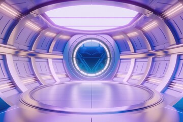 Poster - A futuristic  metallic room with a glowing circular emblem on the wall.