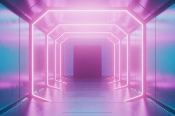 Poster - A futuristic hallway with glowing pink neon lights.
