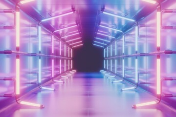 Poster - A futuristic hallway with pink and blue neon lights.