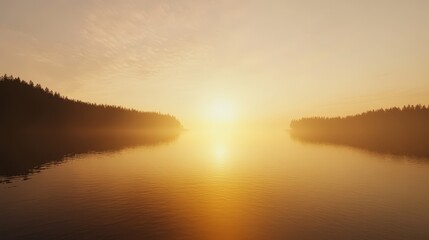 Serene sunset over a tranquil lake surrounded by a forested landscape