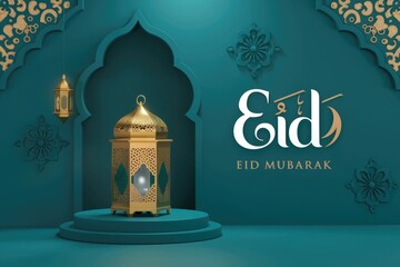 Poster - Elegant Eid lantern on teal background with stylish text.