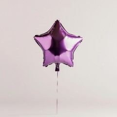Wall Mural - A shiny purple balloon shaped like a star, floating mid-air against a soft white background, perfect for a festive celebration or party