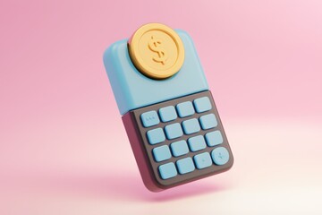 Poster - A 3D rendering of a blue and brown calculator with a dollar coin on top.