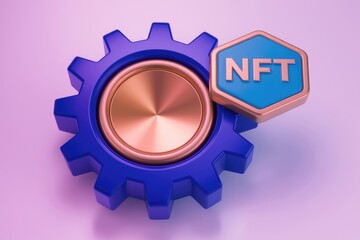 Aufkleber - A blue gear with a golden NFT hexagon  representing the workings of the NFT market